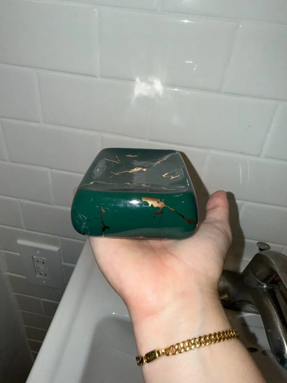 Elegant Emerald Green & Gold Marble Ceramic Soap Dish